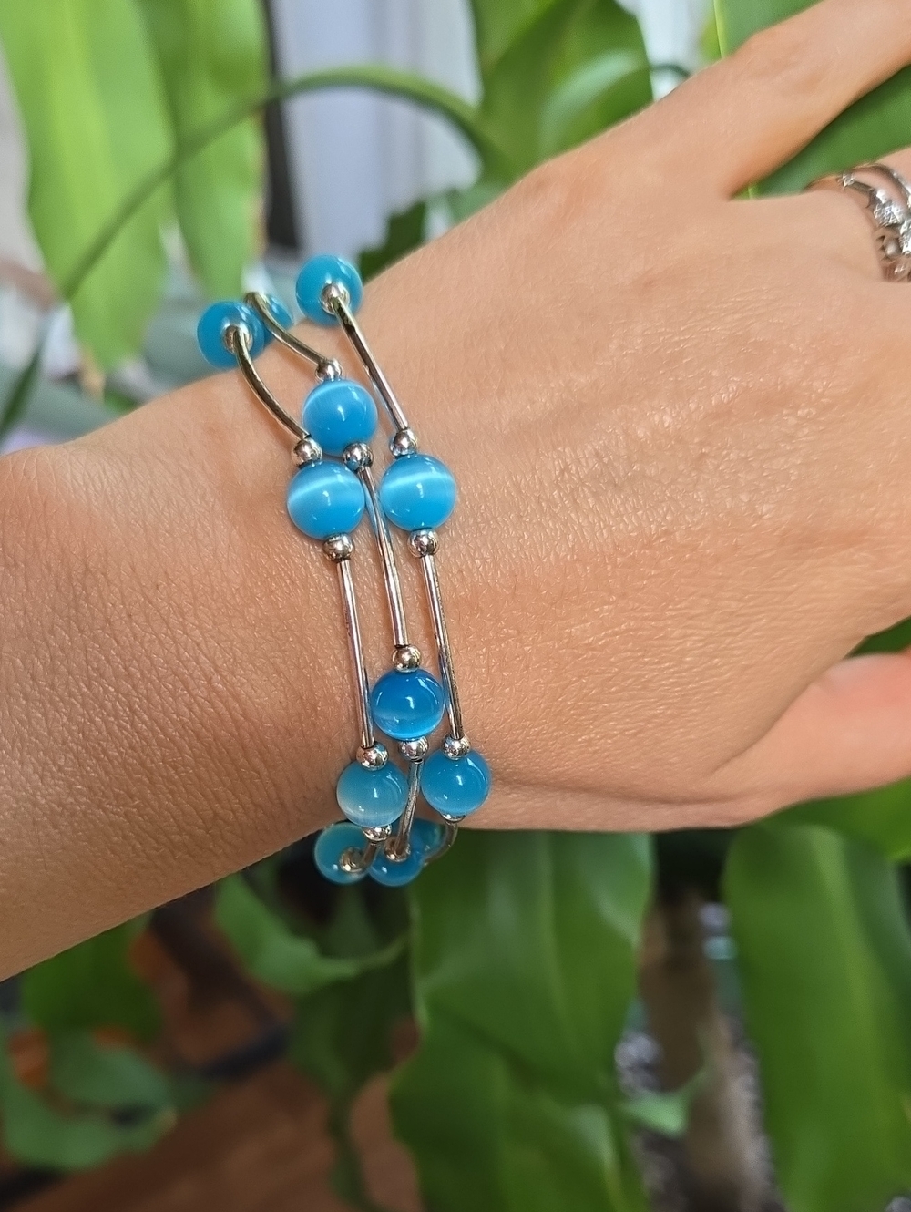 Blue Beaded Triple-Row Stretch Bracelet - Women Jewelry